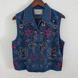 Vintage Y2K Tantrums Whimsical Floral Embroidered Denim Vest Large